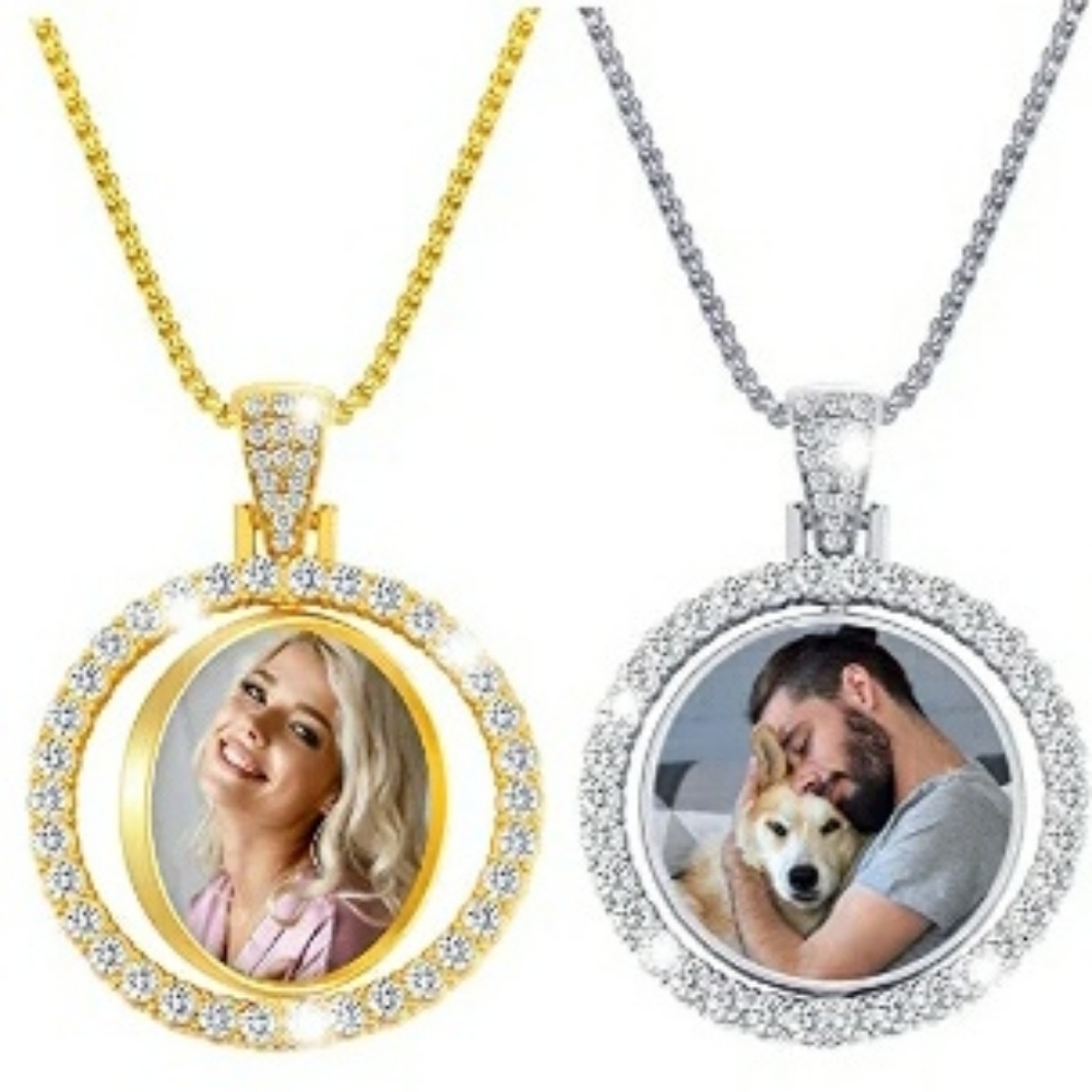 Double Sided Rhinestone Circle Photo Pendant in White Rose & Gold - Picture 1 of 5